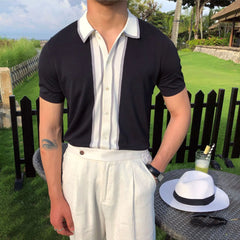 Contrast Trim Button-Up Knit Polo