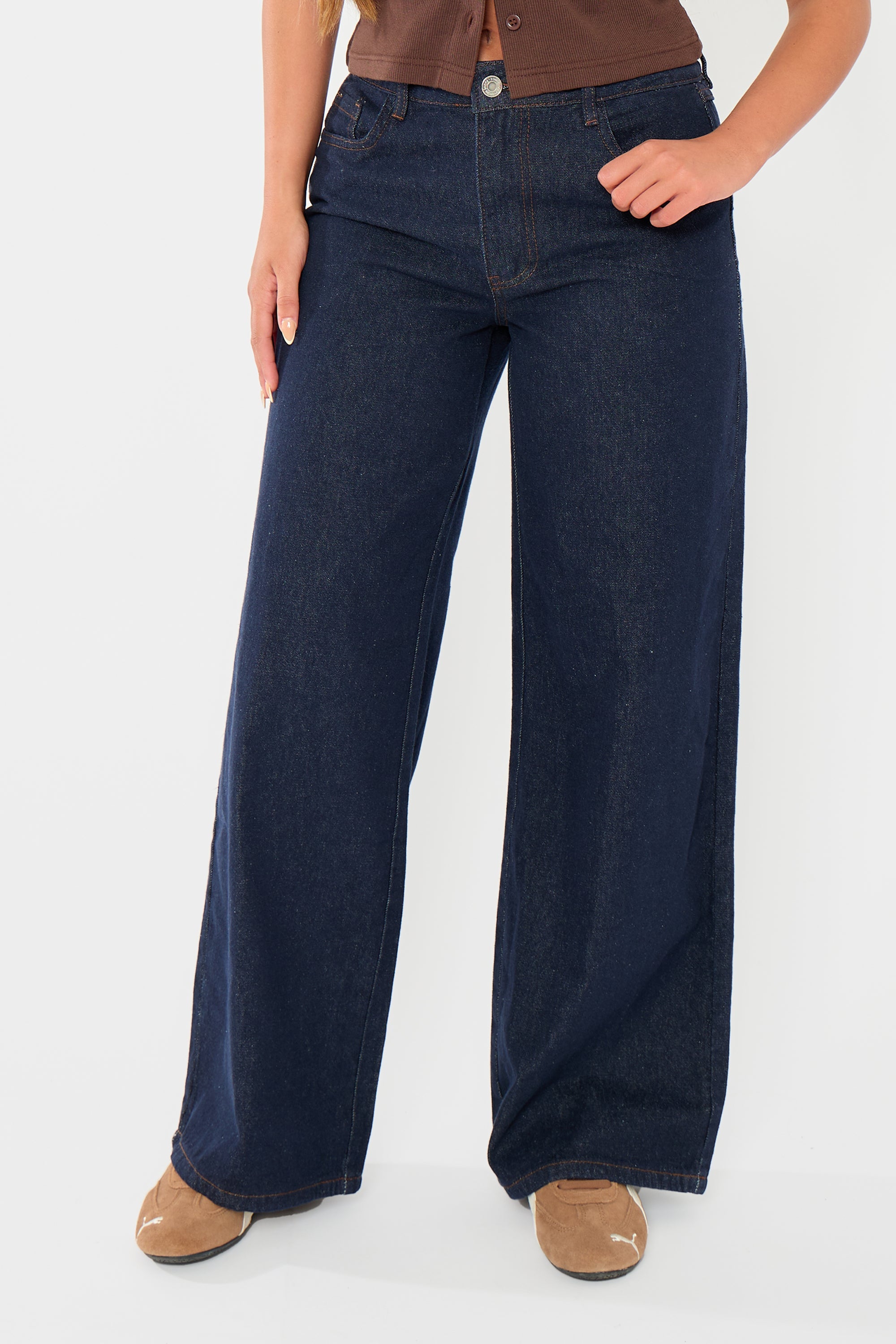 Kaiia Denim Mid Rise Wide Leg Jeans Indigo