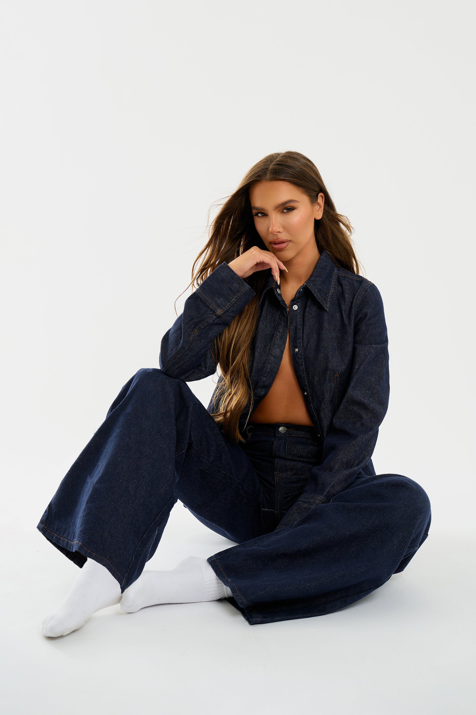 Kaiia Denim Mid Rise Wide Leg Jeans Indigo
